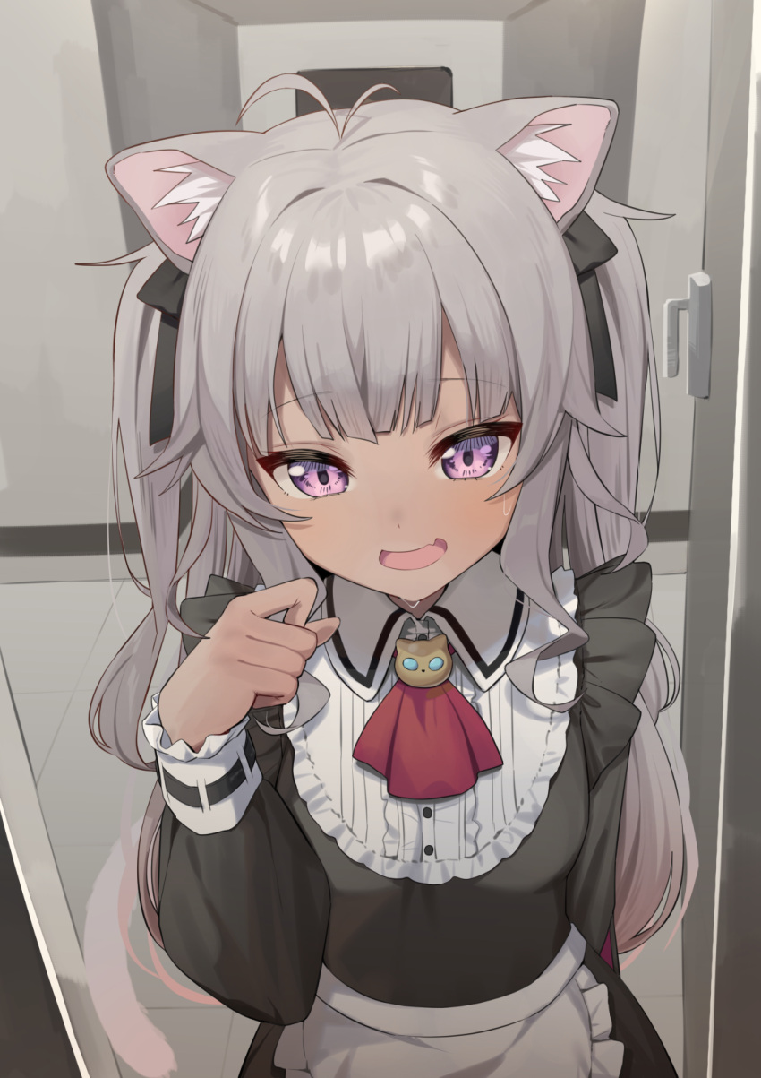 1girl, alternate_costume, animal_ear_fluff, animal_ears, antenna_hair, apron, ascot, bangs