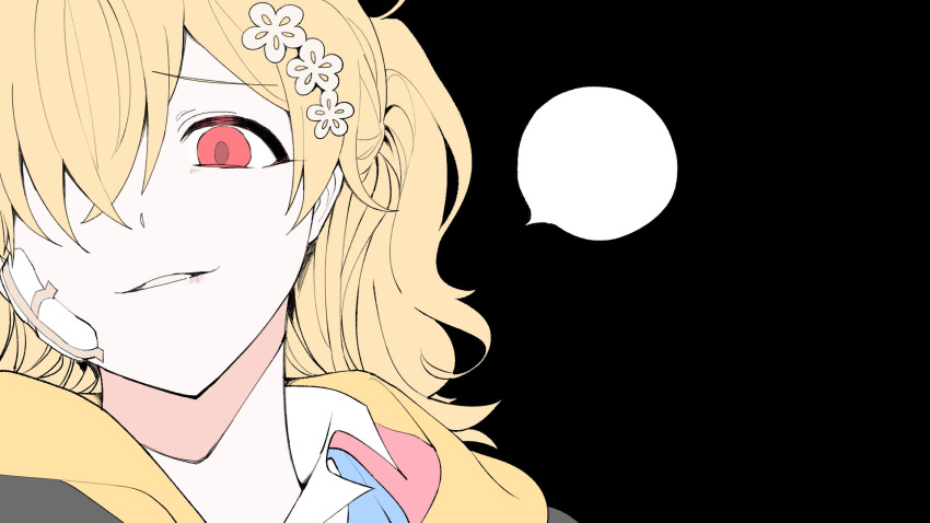 1girl, akira_ray, bandage_on_face, bandages, black_background, blonde_hair, collared_shirt, flower