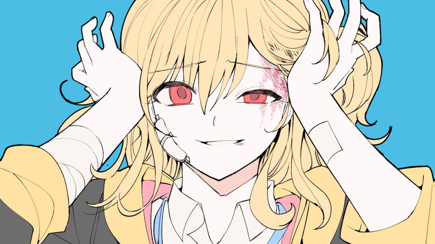 1girl, akira_ray, bandaged_arm, bandages, bangs, blonde_hair, blood, blue_background