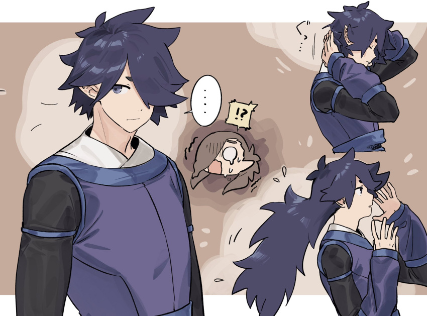 !?, ..., 2boys, alternate_hair_length, alternate_hairstyle, brown_background, fengxi_(the_legend_of_luoxiaohei), gihuta_hiroshi