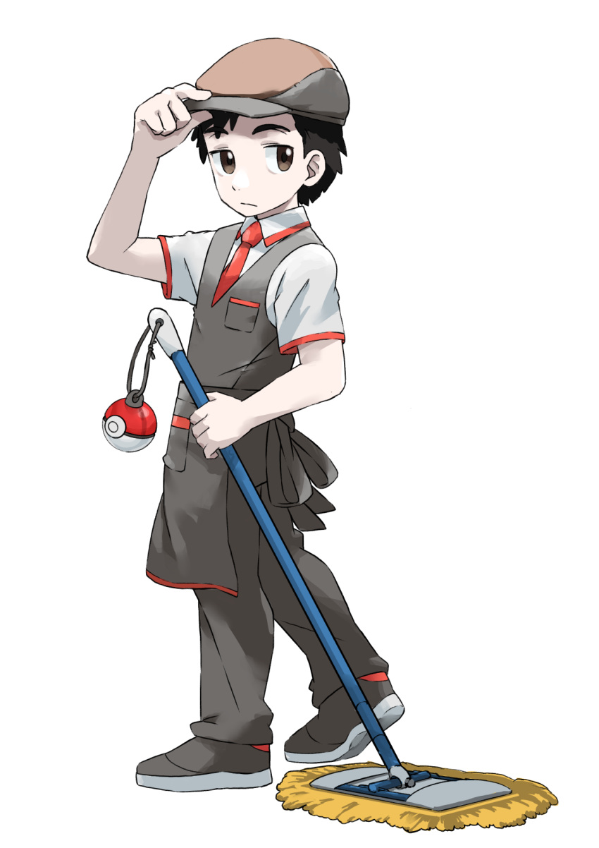 1boy, apron, bangs, black_hair, brown_eyes, brown_headwear, case-k, closed_mouth