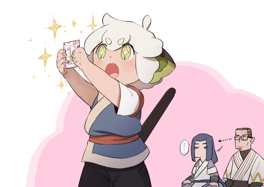 +_+, 3boys, animal_ears, blush, cat_ears, cat_tail, child, eyebrows_visible_through_hair, gihuta_hiroshi, green_eyes, highres, holding, luoxiaohei, male_focus, multiple_boys, open_mouth, pan_jing_(the_legend_of_luoxiaohei), short_hair, short_sleeves, solo_focus, sparkle, tail, the_legend_of_luo_xiaohei, upper_body, white_hair, wuxian_(the_legend_of_luoxiaohei)