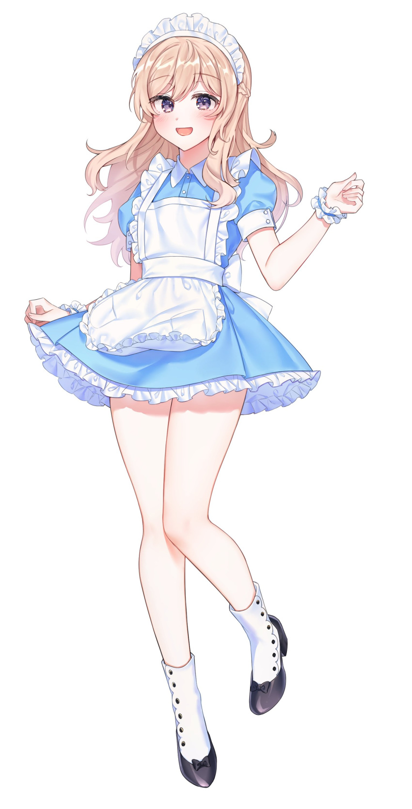 1girl, absurdres, apron, bangs, black_footwear, blonde_hair, blue_dress, blush