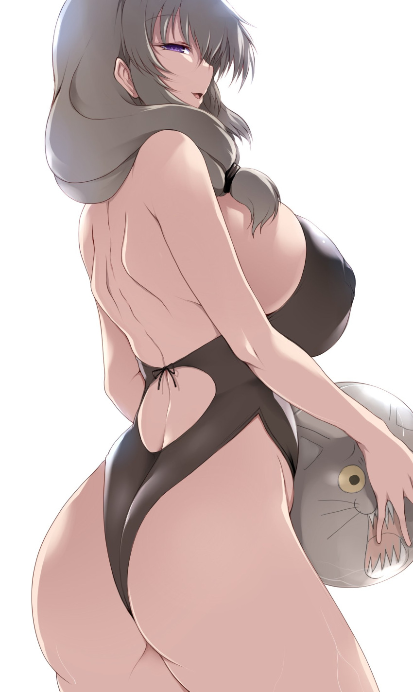 1girl, ass, back_cutout, ball, bare_shoulders, beachball, breasts, clothing_cutout