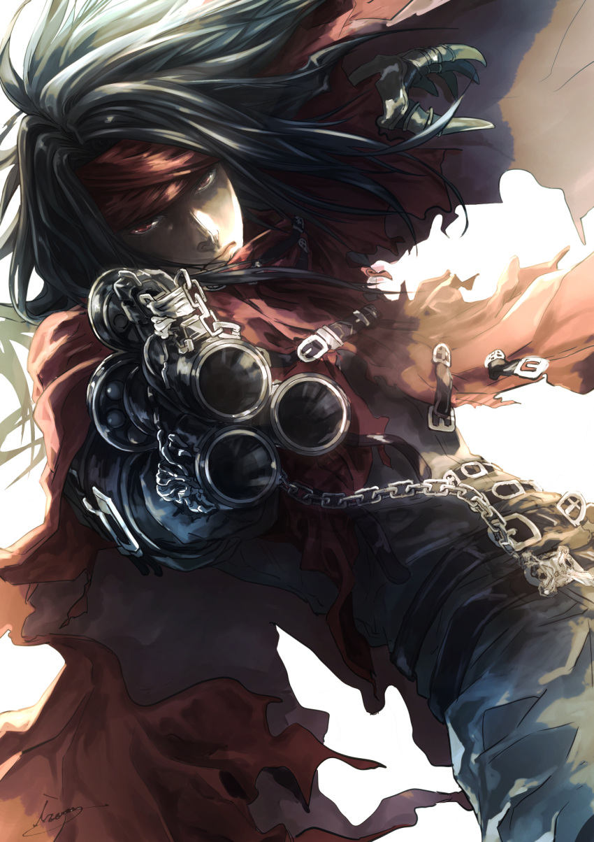 1boy, cloak, final_fantasy, final_fantasy_vii, gun, highres, holding, holding_gun, holding_weapon, moriiiiiiiiiinn, red_cloak, revolver, vincent_valentine, weapon