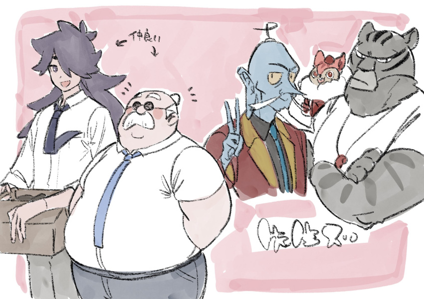 5boys, beard, black_hair, black_shirt, blue_neckwear, blue_skin, blush, colored_sclera