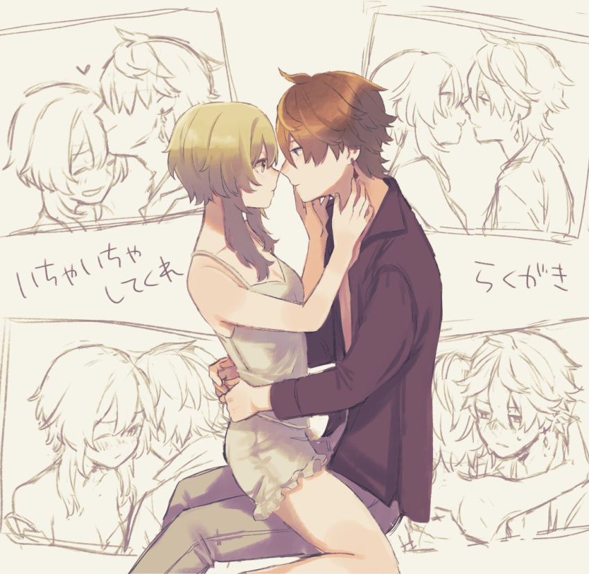 1boy, 1girl, ahoge, alternate_costume, bare_shoulders, blonde_hair, earrings, genshin_impact