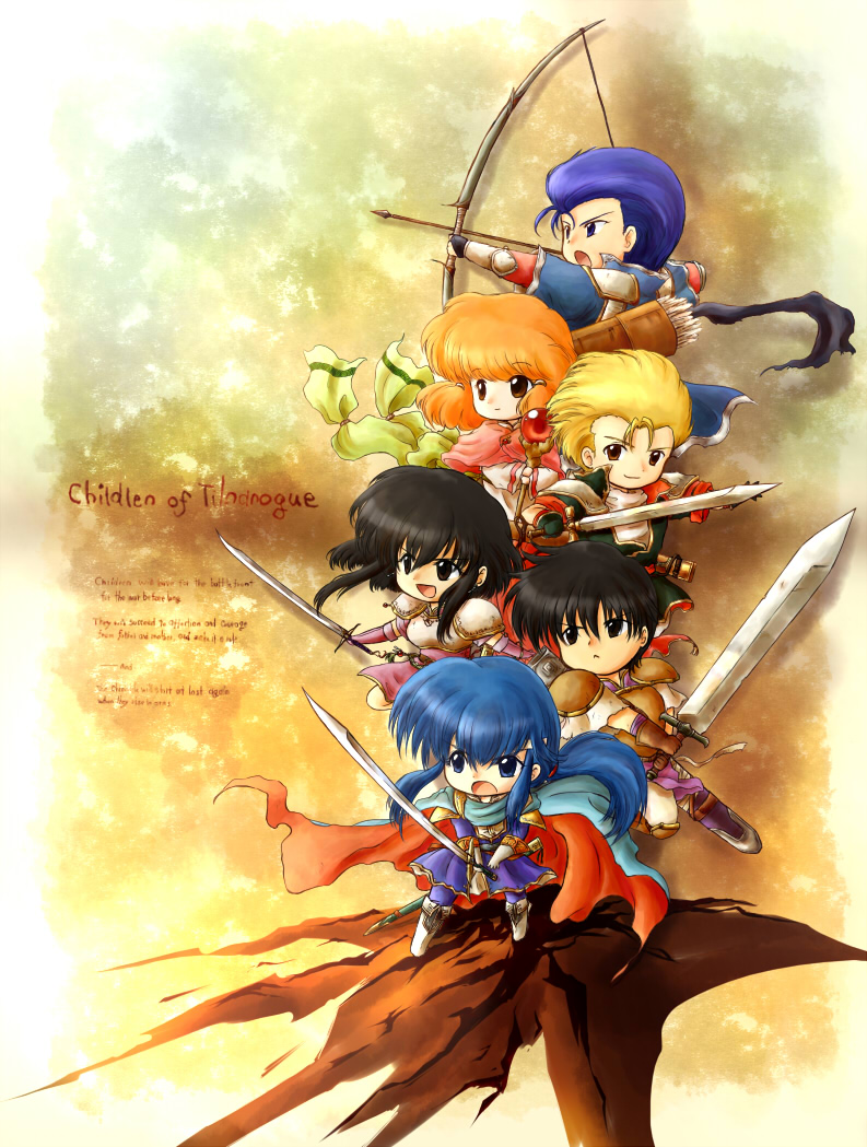blonde_hair, blue_hair, bow_(weapon), cape, celice_(fire_emblem), chibi, delmud_(fire_emblem), engrish
