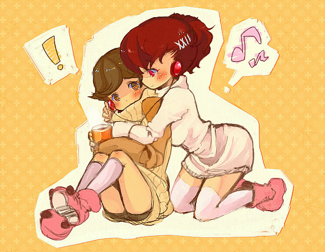 1boy, 1girl, amada_ken, blush, brown_hair, couple, cup, female_protagonist_(persona_3), hair_ornament, hairclip, headphones, hug, musical_note, persona, persona_3, persona_3_portable, shorts, slippers, smile, sumi_(pixiv300915), sweater, sweater_dress, thigh-highs, thighhighs, zettai_ryouiki