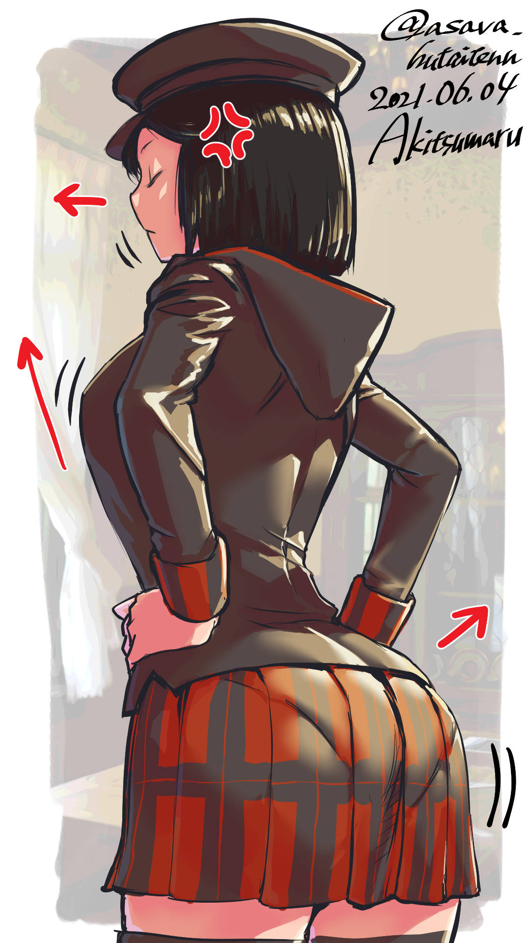 1girl, akitsu_maru_(kancolle), anger_vein, asava_(hutaitenn), ass, black_hair, black_headwear, black_jacket