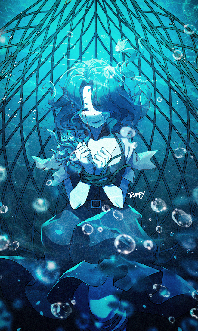 1girl, bangs, belt, belt_buckle, blood, bloody_tears, blue_dress, blue_hair