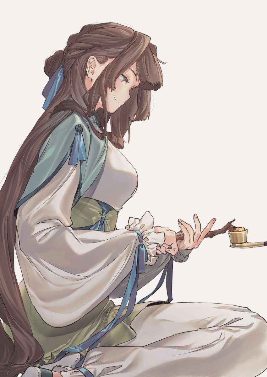 1girl, black_hair, blue_eyes, blue_ribbon, blush, braid, from_side, gihuta_hiroshi