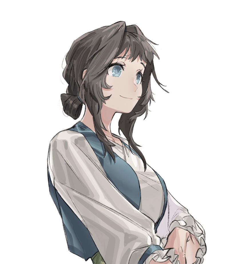 1girl, black_hair, blue_eyes, frilled_sleeves, frills, gihuta_hiroshi, highres, lanxi_zhen