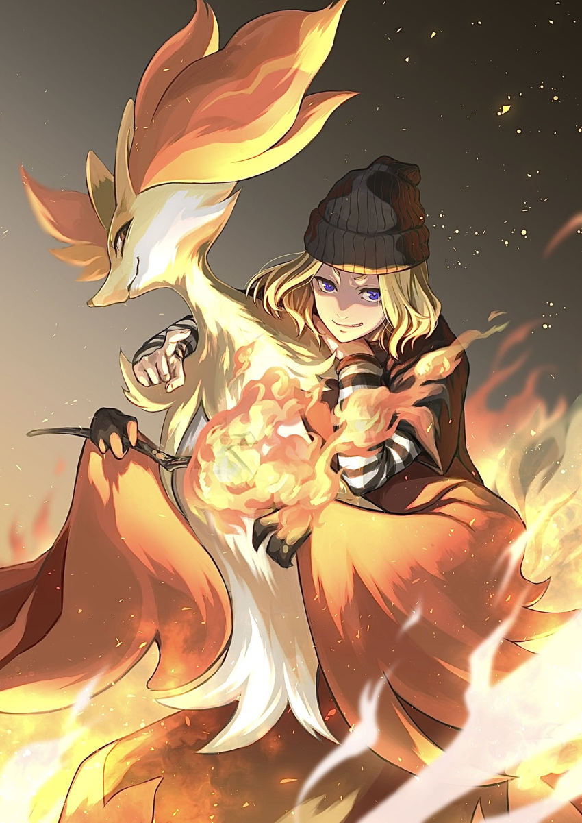 1boy, a'he_(the_legend_of_luoxiaohei), beanie, black_headwear, blonde_hair, blue_eyes, branch, delphox, fire, gen_6_pokemon, gradient, gradient_background, hat, highres, looking_at_viewer, medium_hair, parted_lips, pokemon, satomune_s, smile, the_legend_of_luo_xiaohei
