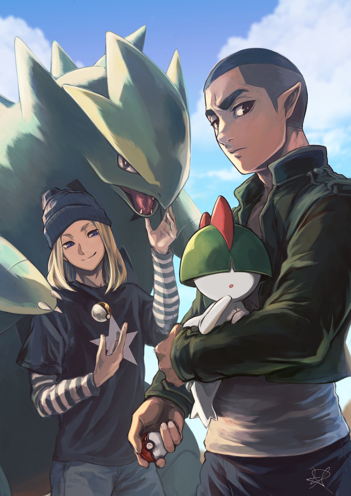 2boys, a'he_(the_legend_of_luoxiaohei), beanie, black_headwear, black_jacket, blonde_hair, blue_sky, clouds, cloudy_sky, dark-skinned_female, dark_skin, gen_2_pokemon, gen_3_pokemon, hand_up, hat, highres, holding, holding_poke_ball, jacket, layered_sleeves, long_sleeves, medium_hair, multiple_boys, pointy_ears, poke_ball, poke_ball_(basic), pokemon, ralts, satomune_s, shirt, short_over_long_sleeves, short_sleeves, sky, the_legend_of_luo_xiaohei, tyranitar, white_shirt, yezi_(the_legend_of_luoxiaohei)