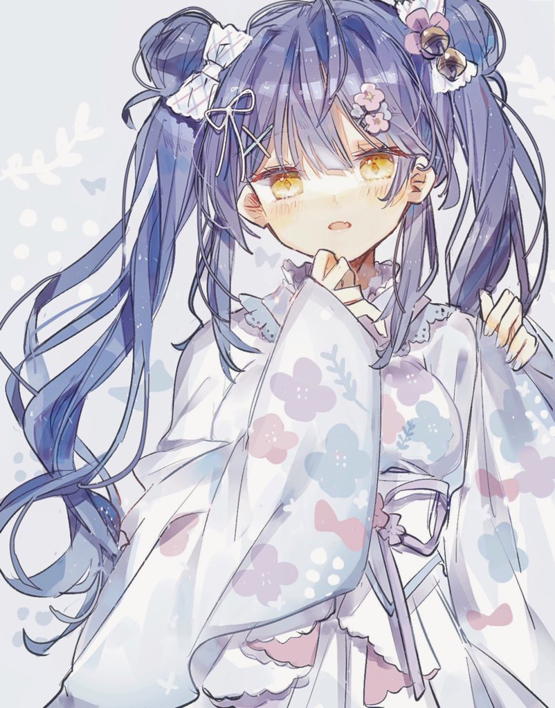 amamiya_kokoro, bangs, bell, blue_background, blue_hair, blush, bow, clenched_hands, commentary, double_bun, floral_print, frilled_kimono, frills, hair_bow, hair_ornament, hand_up, japanese_clothes, jingle_bell, kimono, kino-cands, long_hair, long_sleeves, looking_at_viewer, nijisanji, open_mouth, polka_dot, polka_dot_background, sidelocks, simple_background, sleeves_past_wrists, surprised, twintails, upper_body, virtual_youtuber, wavy_hair, white_bow, white_kimono, x_hair_ornament, yellow_eyes
