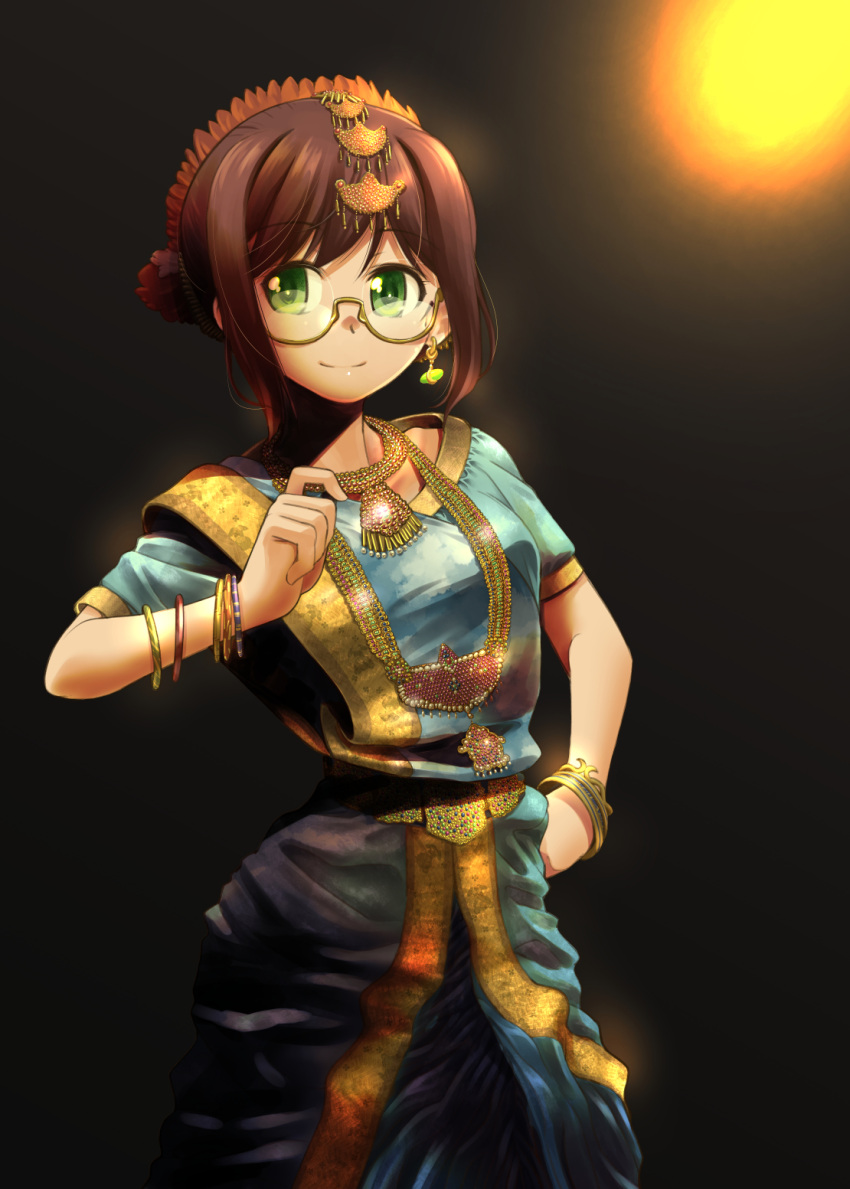 1girl, bangs, black_background, blue_dress, bracelet, brown_hair, closed_mouth, cowboy_shot