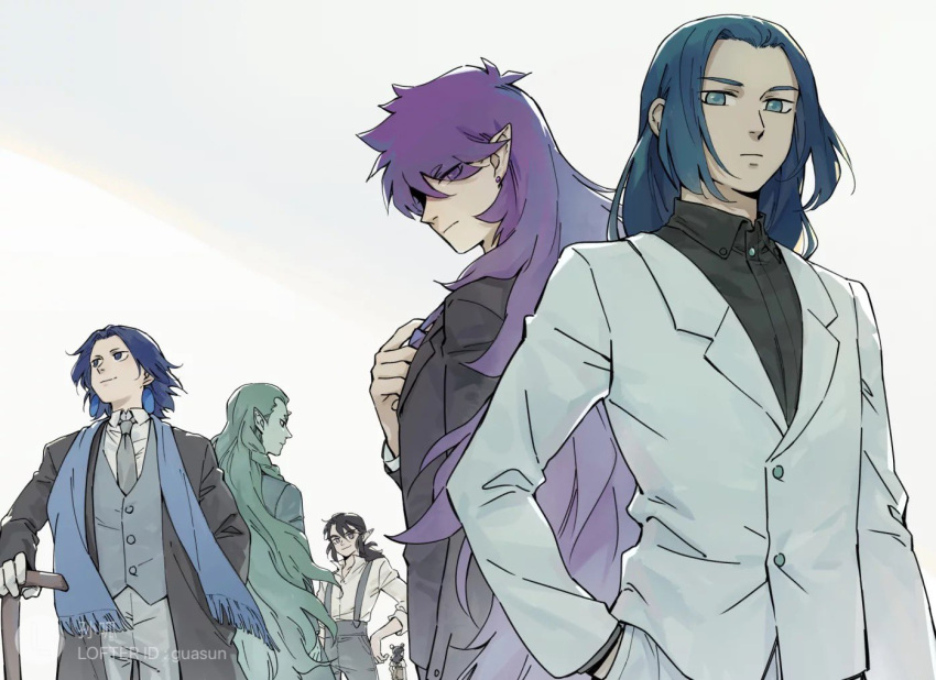5boys, alternate_costume, black_hair, black_jacket, black_shirt, blue_hair, blue_scarf, cane