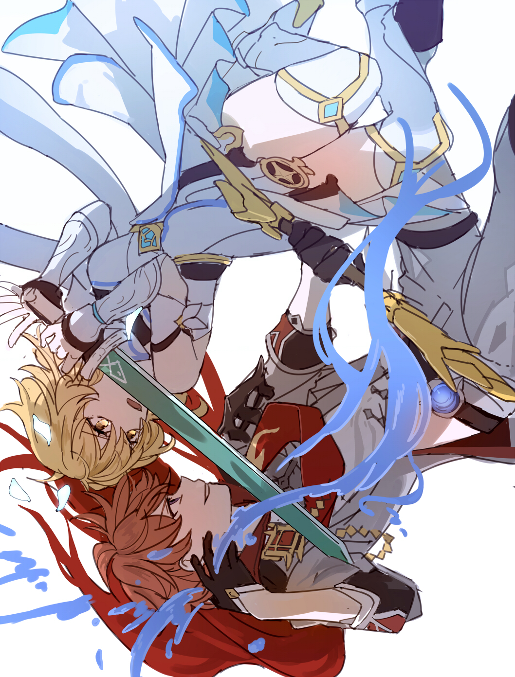 1boy, 1girl, bare_shoulders, blonde_hair, coat, dress, genshin_impact, gloves