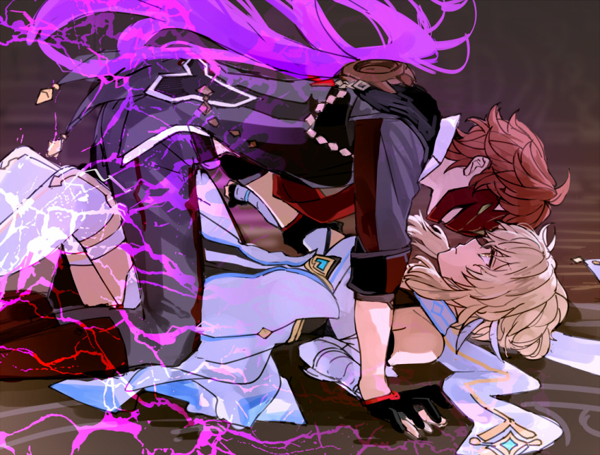 1boy, 1girl, aura, bare_shoulders, blonde_hair, dress, gauntlets, genshin_impact