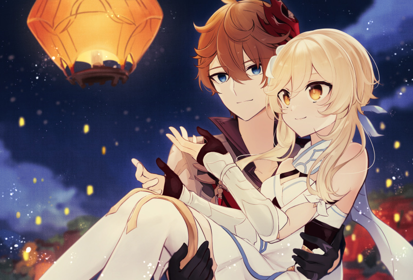 1boy, 1girl, absurdres, bare_shoulders, blonde_hair, blue_eyes, carrying, collared_jacket