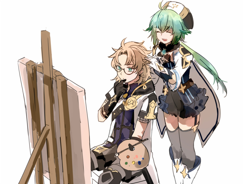 1boy, 1girl, albedo_(genshin_impact), blonde_hair, closed_eyes, coat, eyewear_removed, genshin_impact