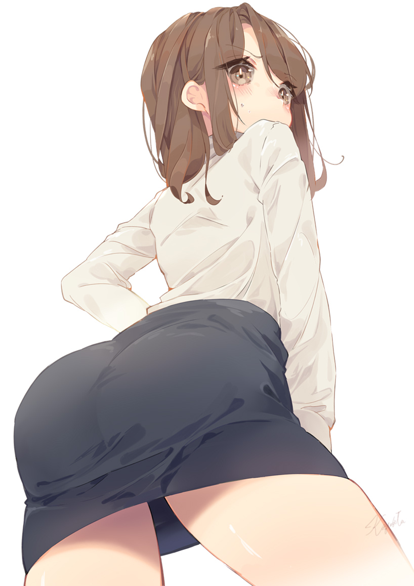 1girl, ass, black_skirt, blush, brown_eyes, brown_hair, commentary_request, cowboy_shot