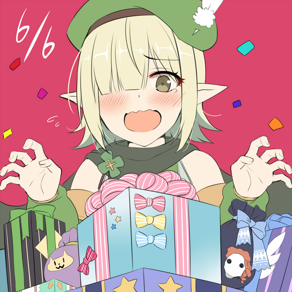 1girl, aoi_(princess_connect!), bangs, bare_shoulders, beret, birthday, blush, box