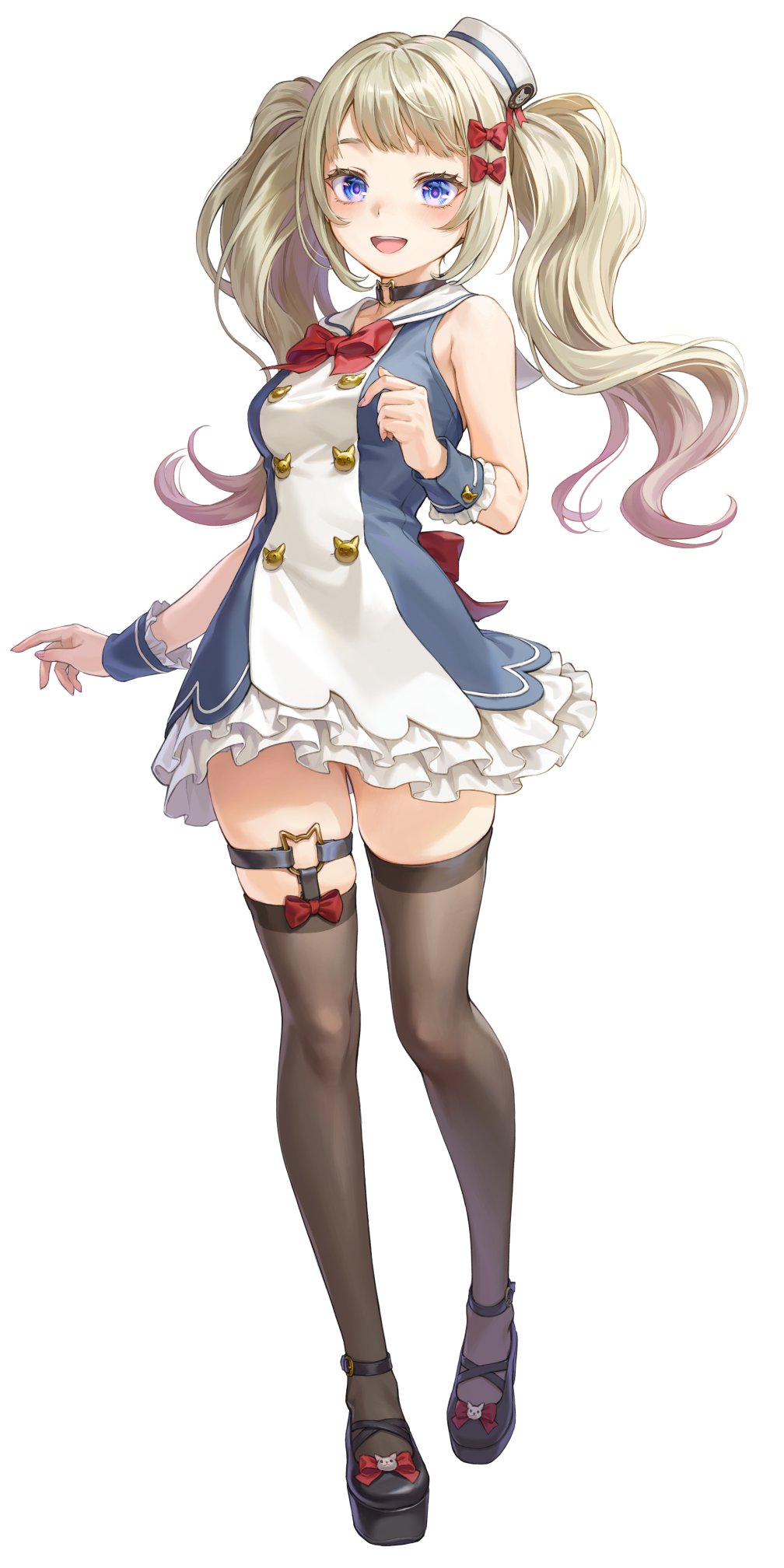 1girl, blonde_hair, blue_eyes, bow, breasts, choker, dixie_cup_hat, dress