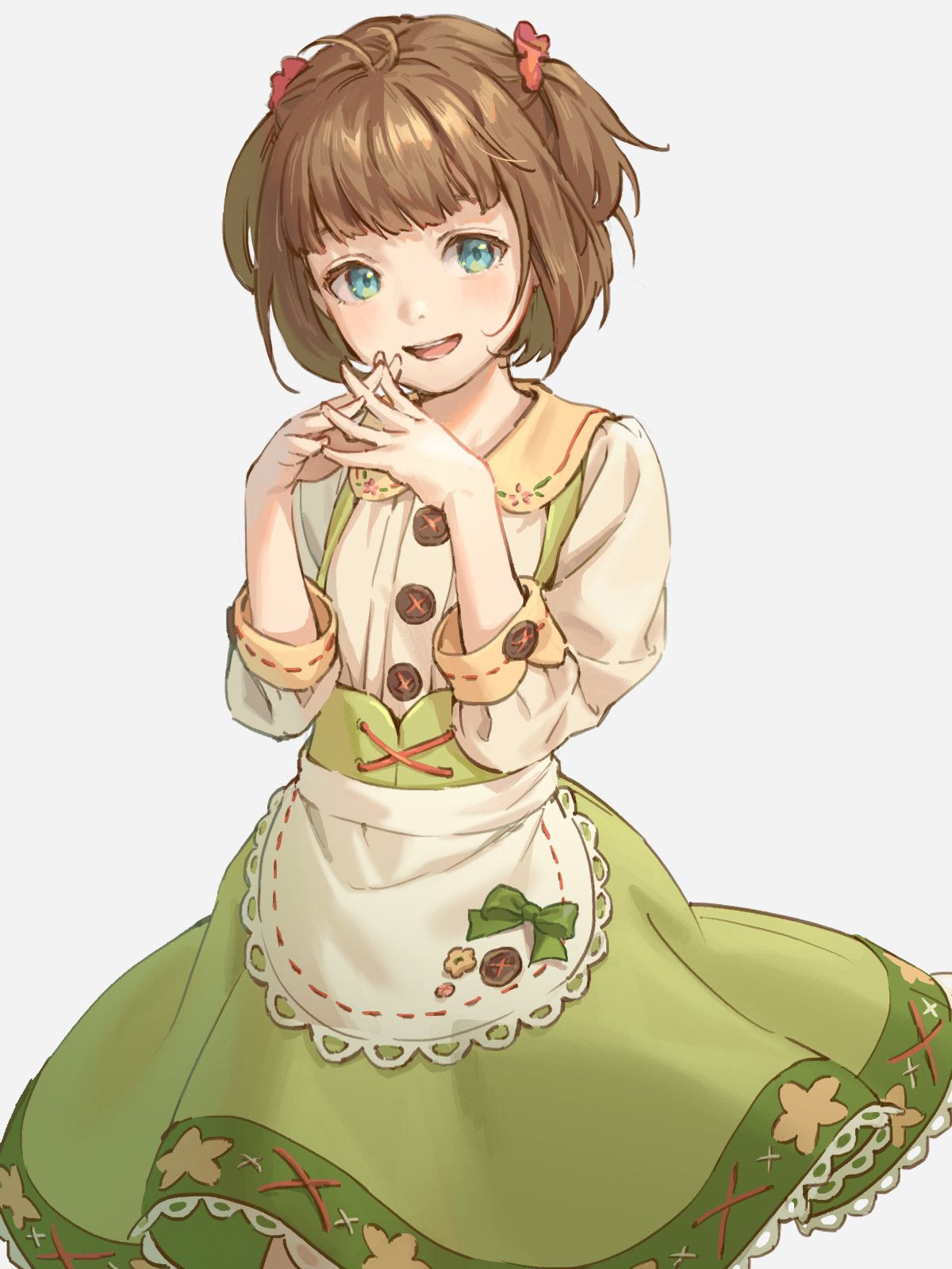 1girl, apron, aqua_eyes, bangs, bow, brown_hair, green_skirt, highres