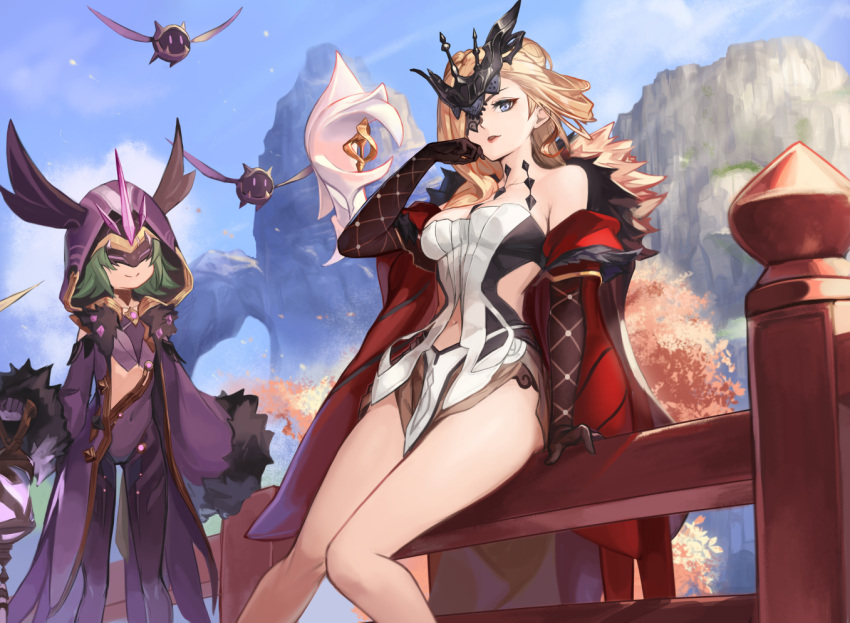 2girls, bare_legs, black_gloves, blonde_hair, blue_eyes, breasts, cicin_(genshin_impact), cicin_mage_(genshin_impact)