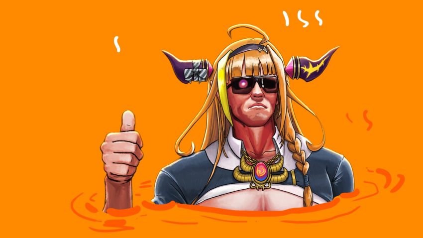 1girl, agito666, ahoge, arnold_schwarzenegger, bangs, bow, braid, cosplay, dragon_horns, glowing, glowing_eye, highres, hololive, horn_bow, horn_ornament, horns, kiryu_coco, kiryu_coco_(cosplay), looking_at_viewer, manly, orange_background, orange_hair, simple_background, single_braid, solo, sunglasses, t-800, tail, terminator_(series), the_terminator, thumbs_up, virtual_youtuber