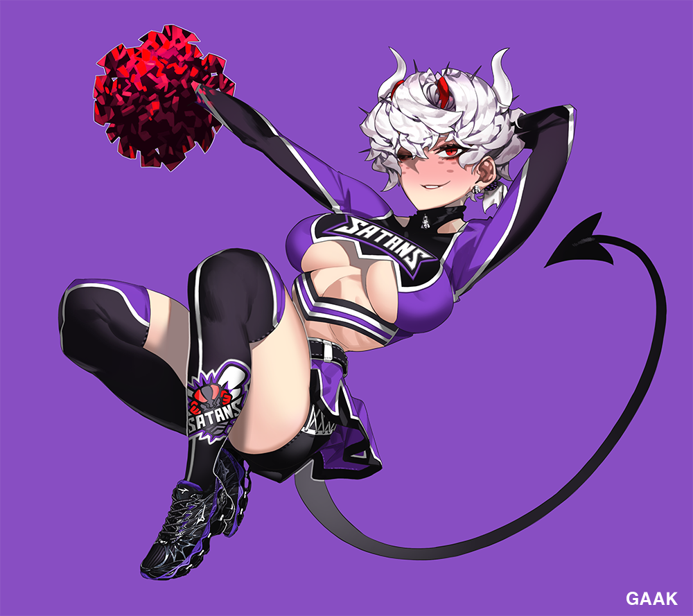 1girl, alternate_costume, arm_behind_head, arm_up, bangs, beelzebub_(helltaker), black_legwear, blush