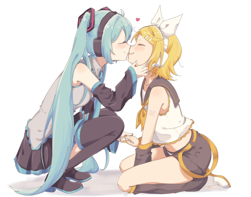 2girls, aqua_hair, aqua_nails, aqua_neckwear, arm_warmers, bangs, between_legs, black_legwear