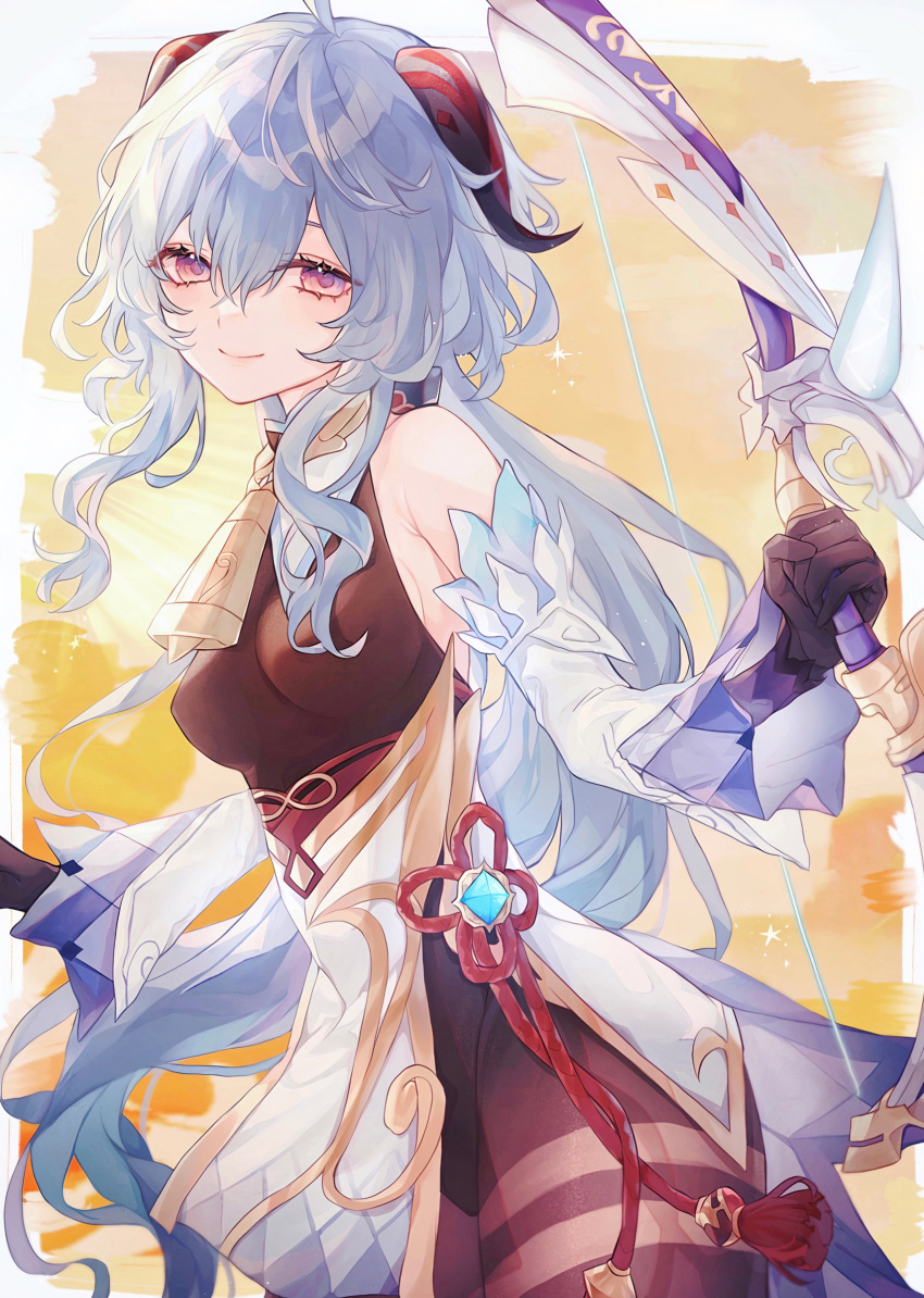 1girl, absurdres, ahoge, bangs, bare_shoulders, bell, black_legwear, blue_hair, bow, bow_(weapon), breasts, closed_mouth, cowbell, crossbow, ganyu_(genshin_impact), genshin_impact, gloves, goat_horns, hair_between_eyes, hair_bow, half-closed_eyes, highres, holding, holding_weapon, horns, leotard, leotard_under_clothes, light_smile, long_hair, long_sleeves, looking_at_viewer, myunn_aa, smile, solo, violet_eyes, weapon