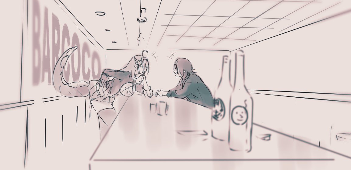 1boy, 1girl, ahoge, artist_self-insert, bar, black_shirt, bottle, breasts