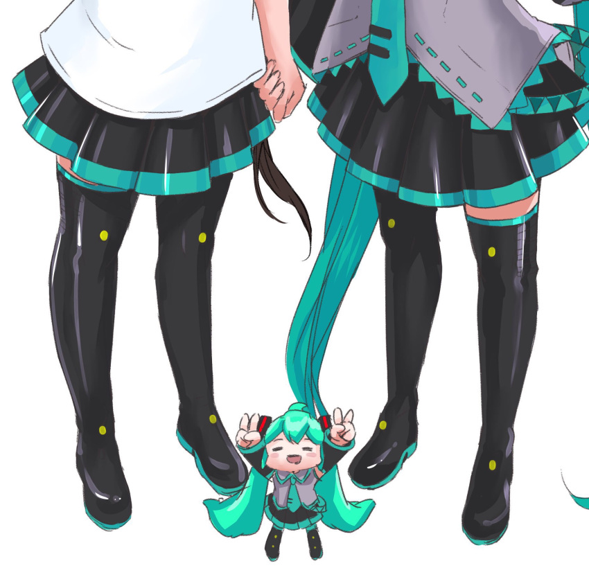 3girls, =_=, aqua_hair, aqua_neckwear, black_legwear, black_skirt, black_sleeves, brown_hair