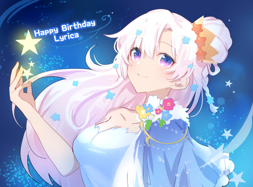 1girl, blue_flower, braid, breasts, capelet, character_name, collarbone, crown