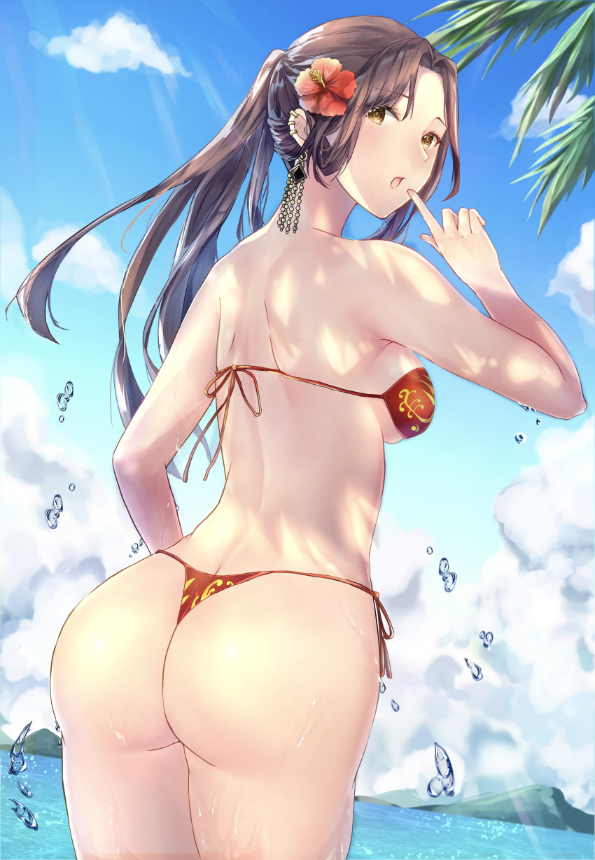 1girl, absurdres, ass, back, bare_arms, bikini, blue_sky, breasts