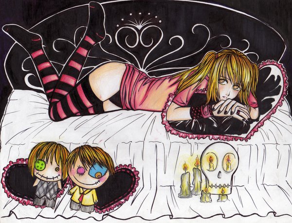 amane_misa, bed, blonde_hair, bracelet, candle, death_note, doll, gothic
