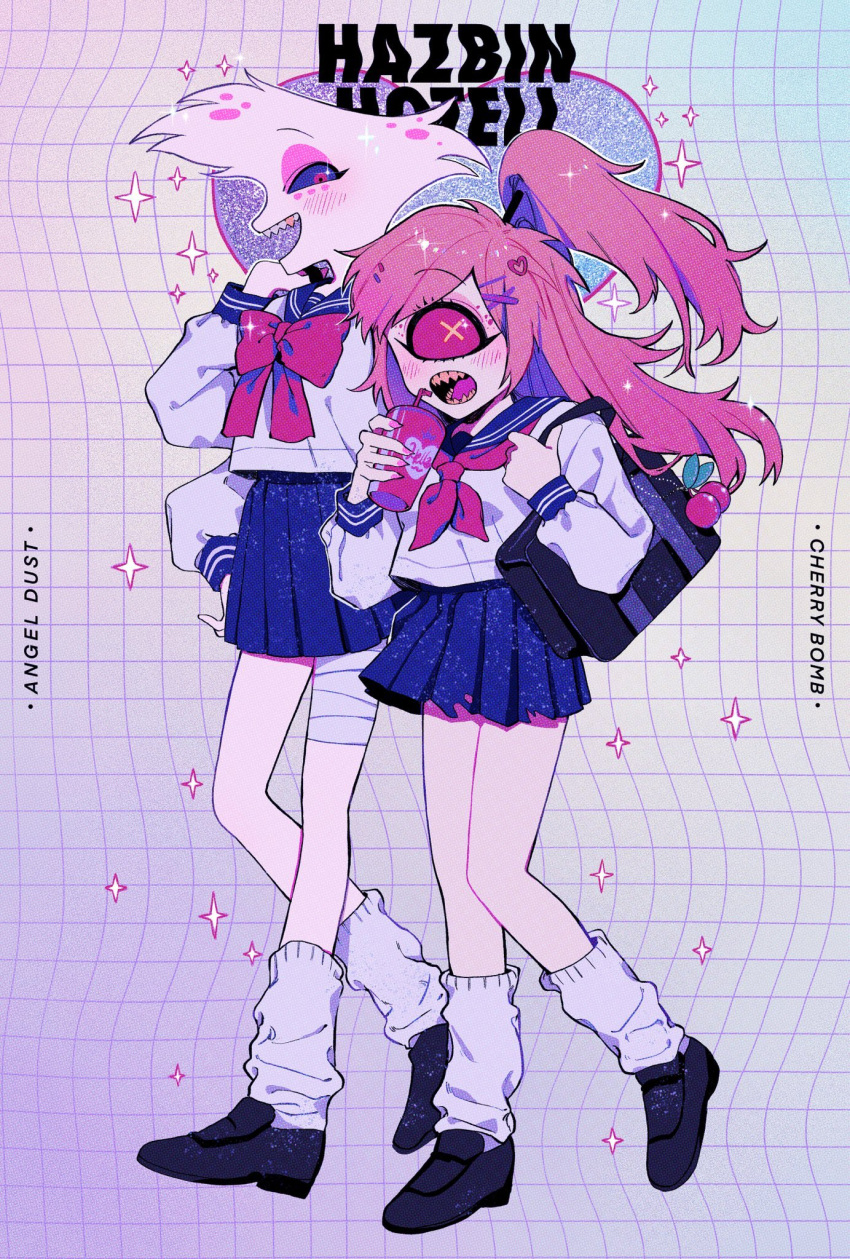 1boy, 1girl, angel_dust, bag, bandages, cherri_bomb, cyclops, demon_boy