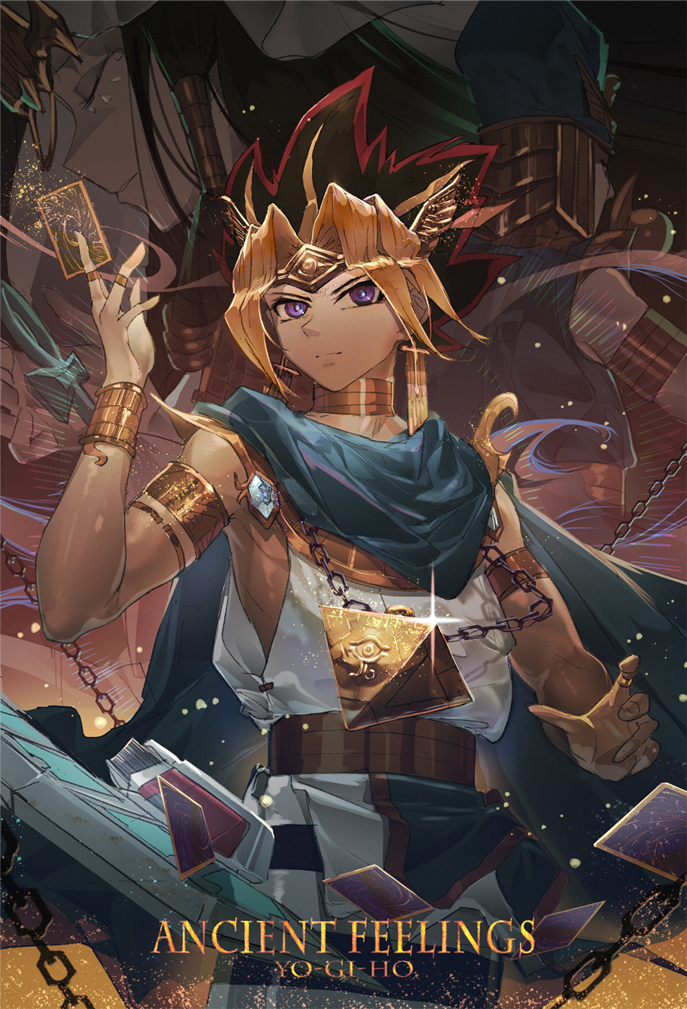 1girl, 2boys, ankh, armlet, atem, black_hair, blonde_hair, bracelet