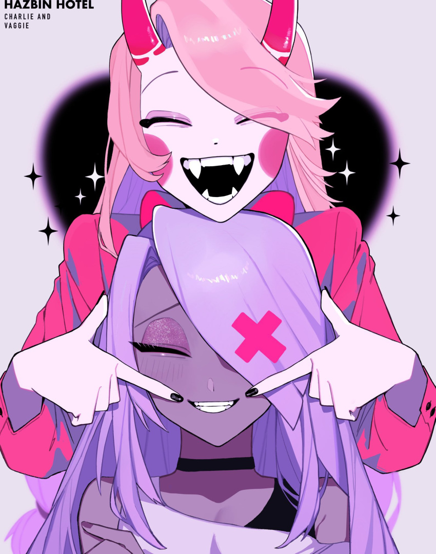 2girls, black_hair, blush, charlie_morningstar, dark_skin, demon_girl, dress, fangs, formal, hazbin_hotel, highres, horns, long_hair, multiple_girls, neg_50asu, open_mouth, smile, suit, vaggie, yuri