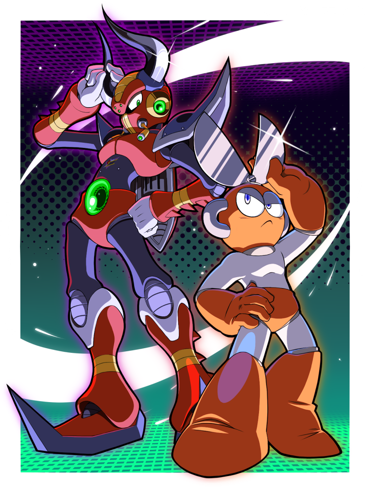2boys, android, arm_up, armor, black_bodysuit, bodysuit, boomer_kuwanger_(mega_man), boots