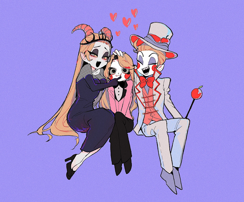 1boy, 2girls, apple, blonde_hair, charlie_morningstar, demon, demon_boy, demon_girl