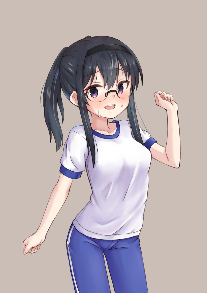 1girl, black_hair, blue_eyes, blue_pants, blush, breasts, collarbone, eyebrows_visible_through_hair