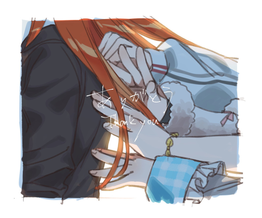 5girls, amane_kanata, black_jacket, border, bracelet, close-up, detached_sleeves, english_text, frilled_sleeves, frills, fur-trimmed_sleeves, fur_trim, gingham, hand_on_another's_back, hands, highres, himemori_luna, hololive, jacket, jewelry, kiryu_coco, long_hair, long_sleeves, multiple_girls, orange_hair, sharkbitetail, simple_background, sleeves_folded_up, thank_you, tokoyami_towa, tsunomaki_watame, virtual_youtuber, white_border, white_jacket