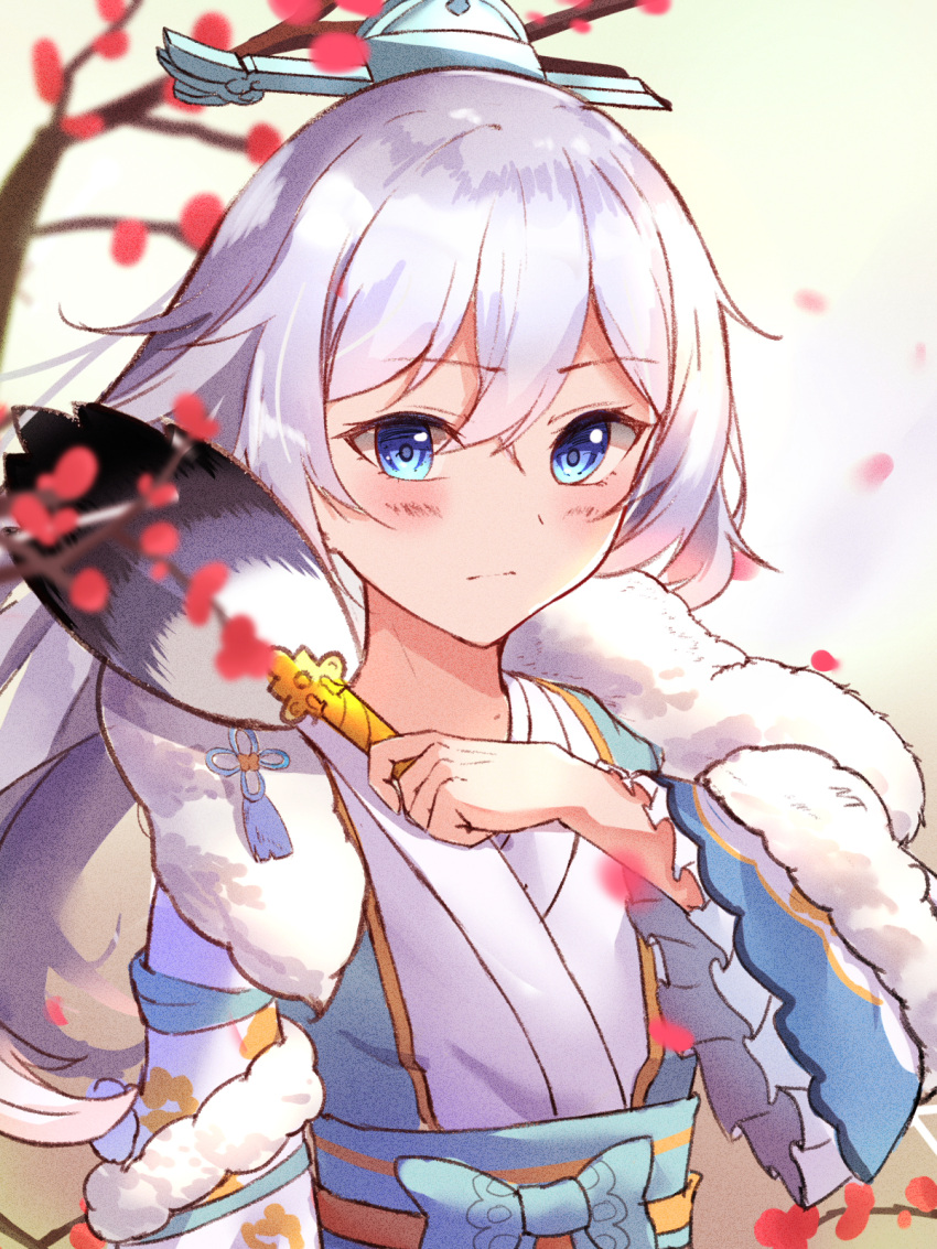 1girl, bangs, blue_eyes, closed_mouth, fan, hair_between_eyes, hair_ornament, highres