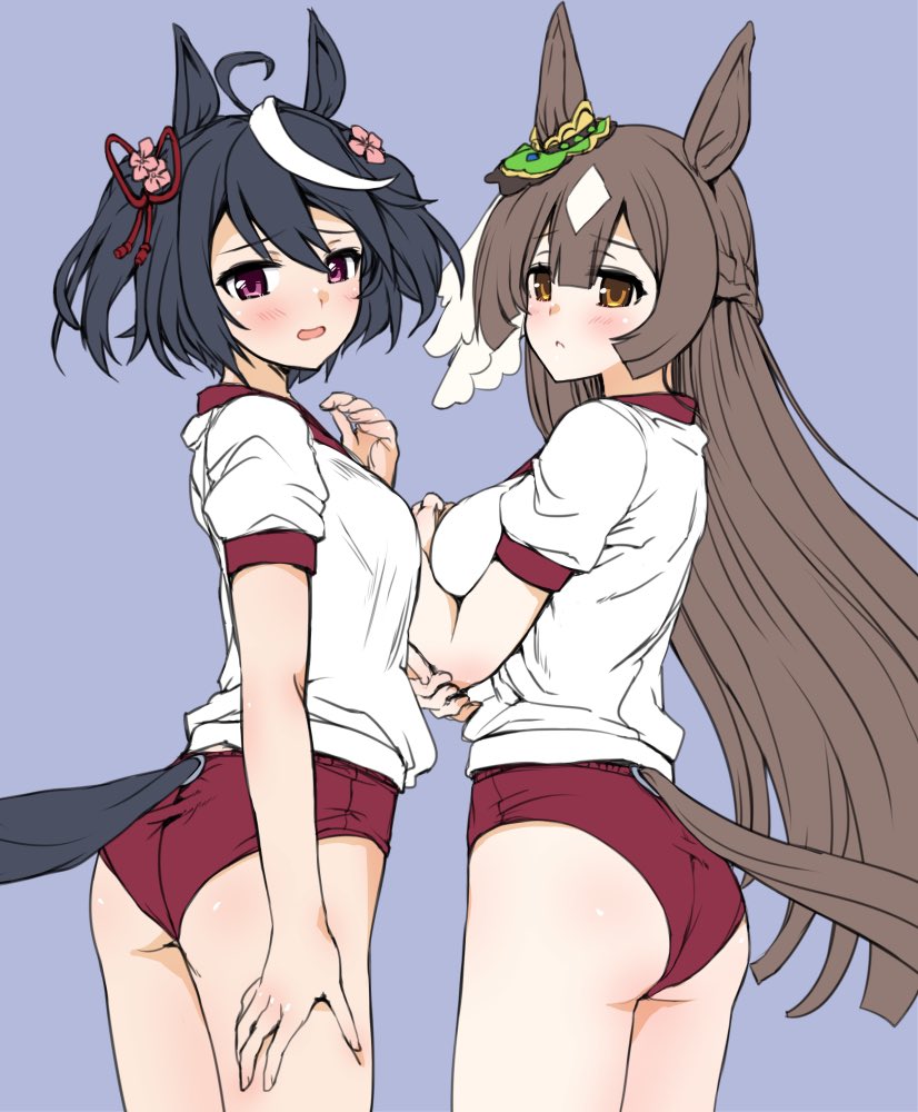 2girls, animal_ears, black_hair, breasts, brown_hair, buruma, commentary_request, gym_uniform