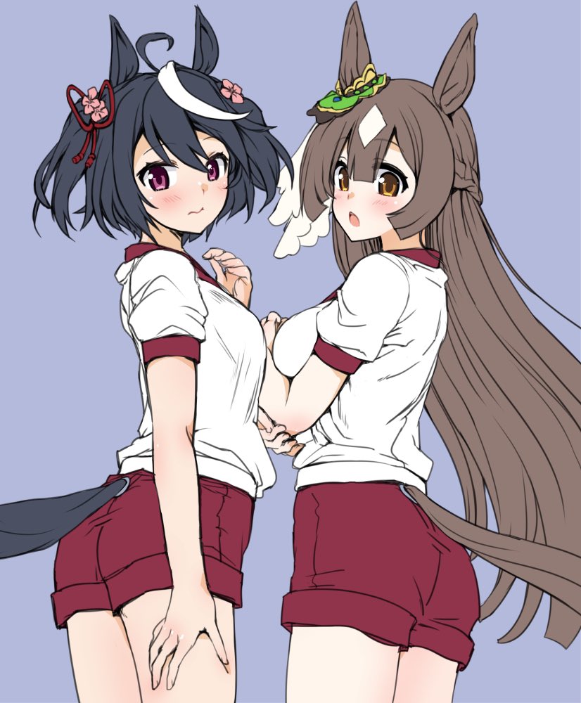 2girls, animal_ears, black_hair, breasts, brown_hair, commentary_request, gym_uniform, hair_between_eyes